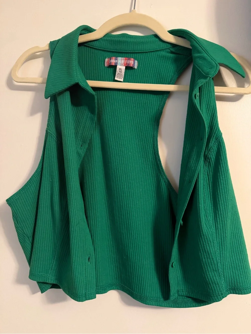 Urban Outfitters Green Ribbed Sleeveless Collared Button Crop Top